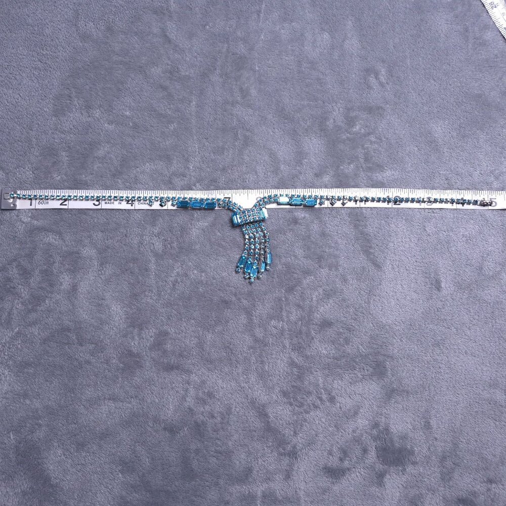 Vintage Blue Rhinestone Necklace & Drop Screwback Earrings Set Dangle Teardrop - Picture 8 of 9